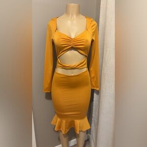 Mustard Yellow Cutout Dress with Long Sleeves